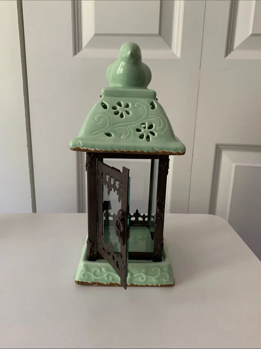 Mint Green Ceramic Bird Lantern - Decorative Home Accent